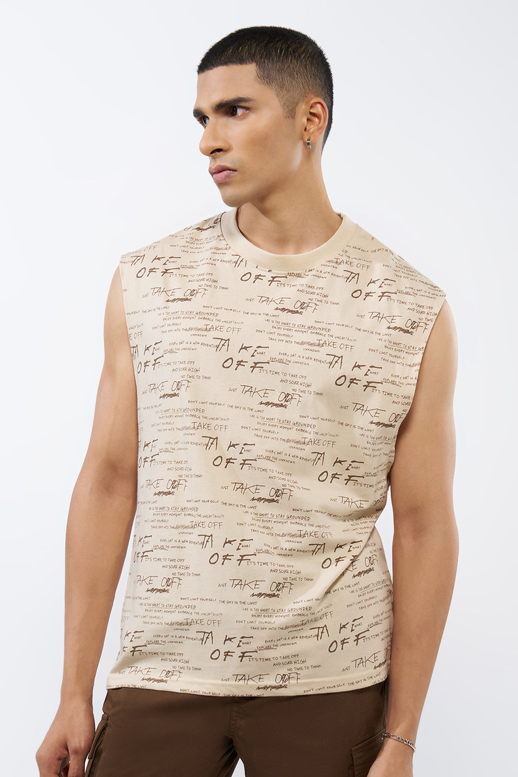 Beige Typographic Printed Regular Fit T-Shirt for Men - Image 2