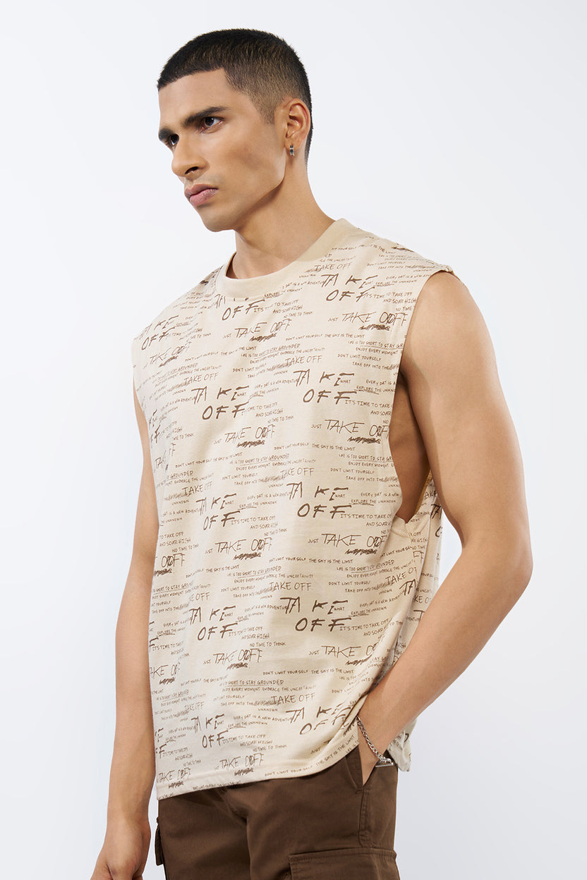 Beige Typographic Printed Regular Fit T-Shirt for Men - Image 4