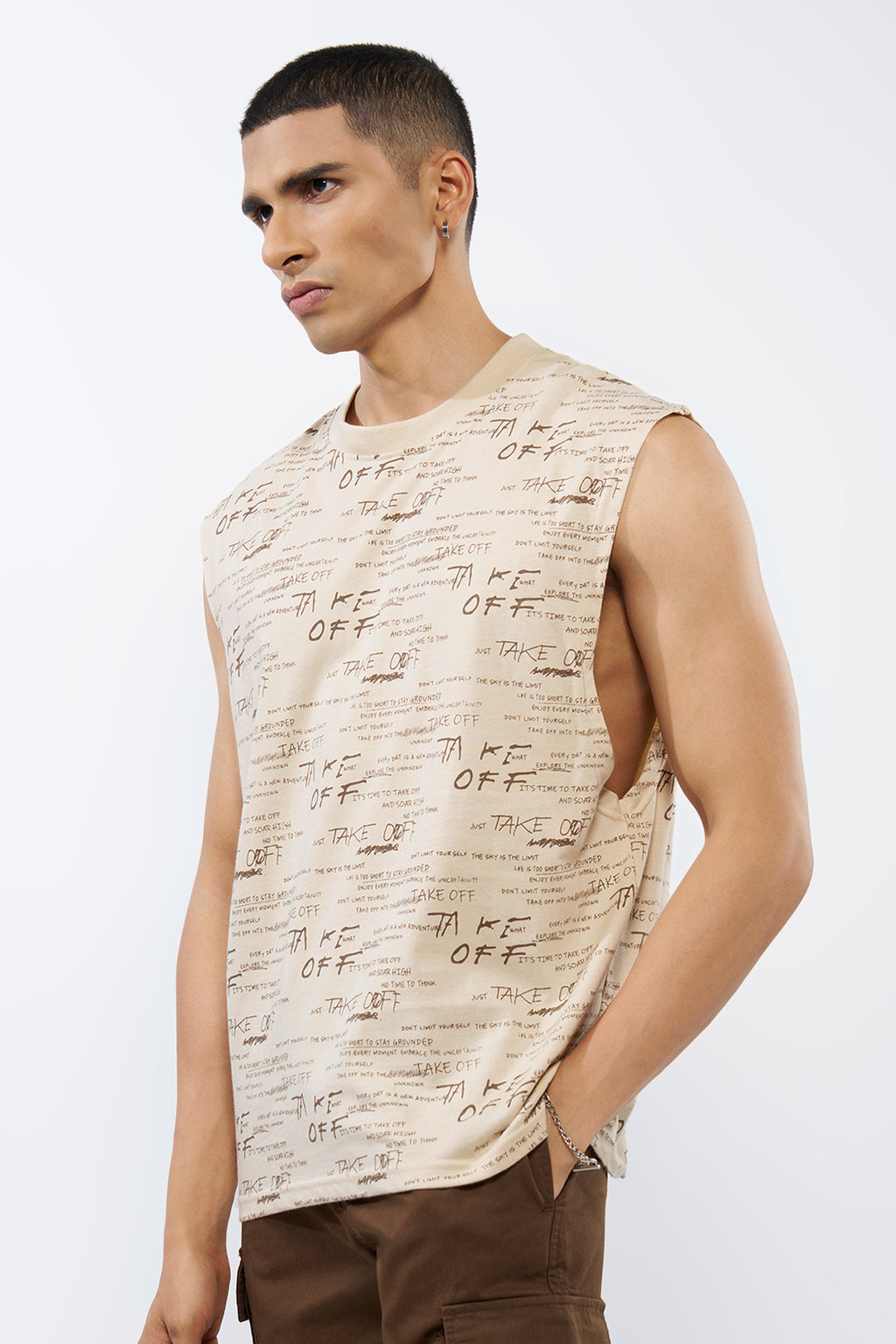 Beige Typographic Printed Regular Fit T-Shirt for Men - Image 4