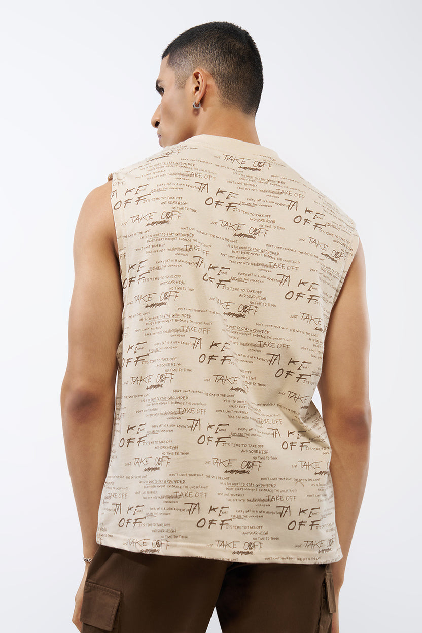 Beige Typographic Printed Regular Fit T-Shirt for Men - Image 5