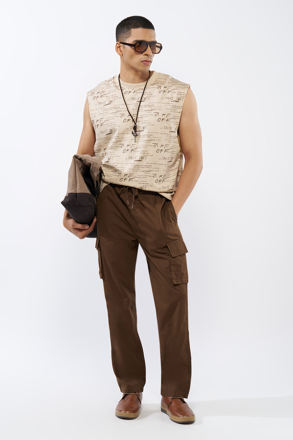 Beige Typographic Printed Regular Fit T-Shirt for Men - Image 6