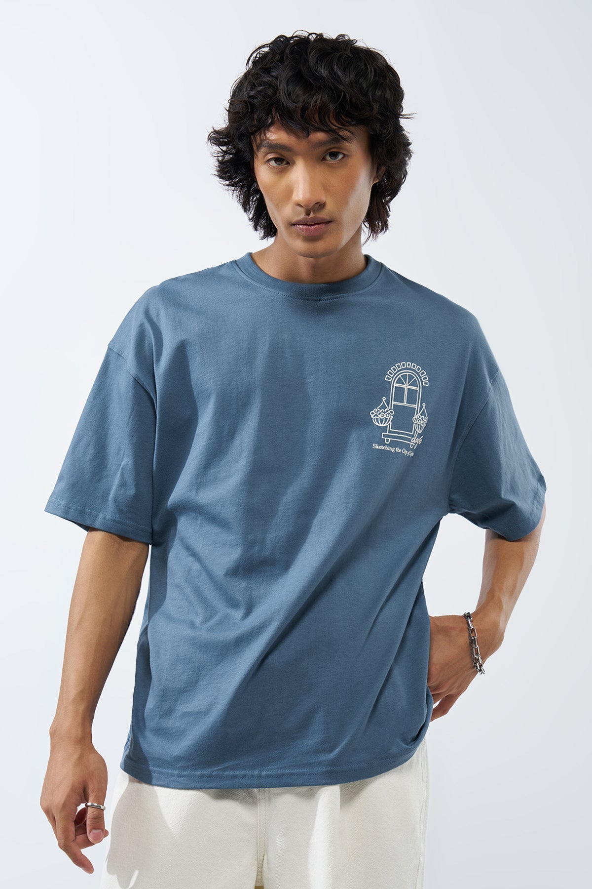 Blue Graphic Printed Oversized Fit T-Shirt for Men - Image 2