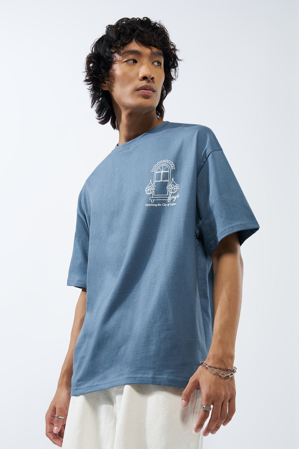 Blue Graphic Printed Oversized Fit T-Shirt for Men - Image 4