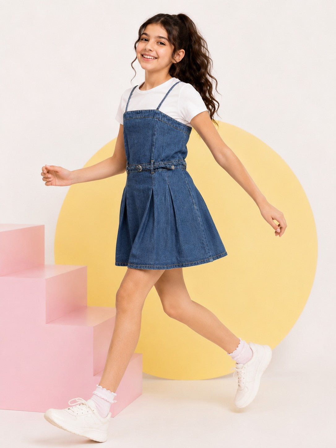 Navy Solid Regular Fit Denim Dress With T-Shirt for Tweens Girls - Image 1