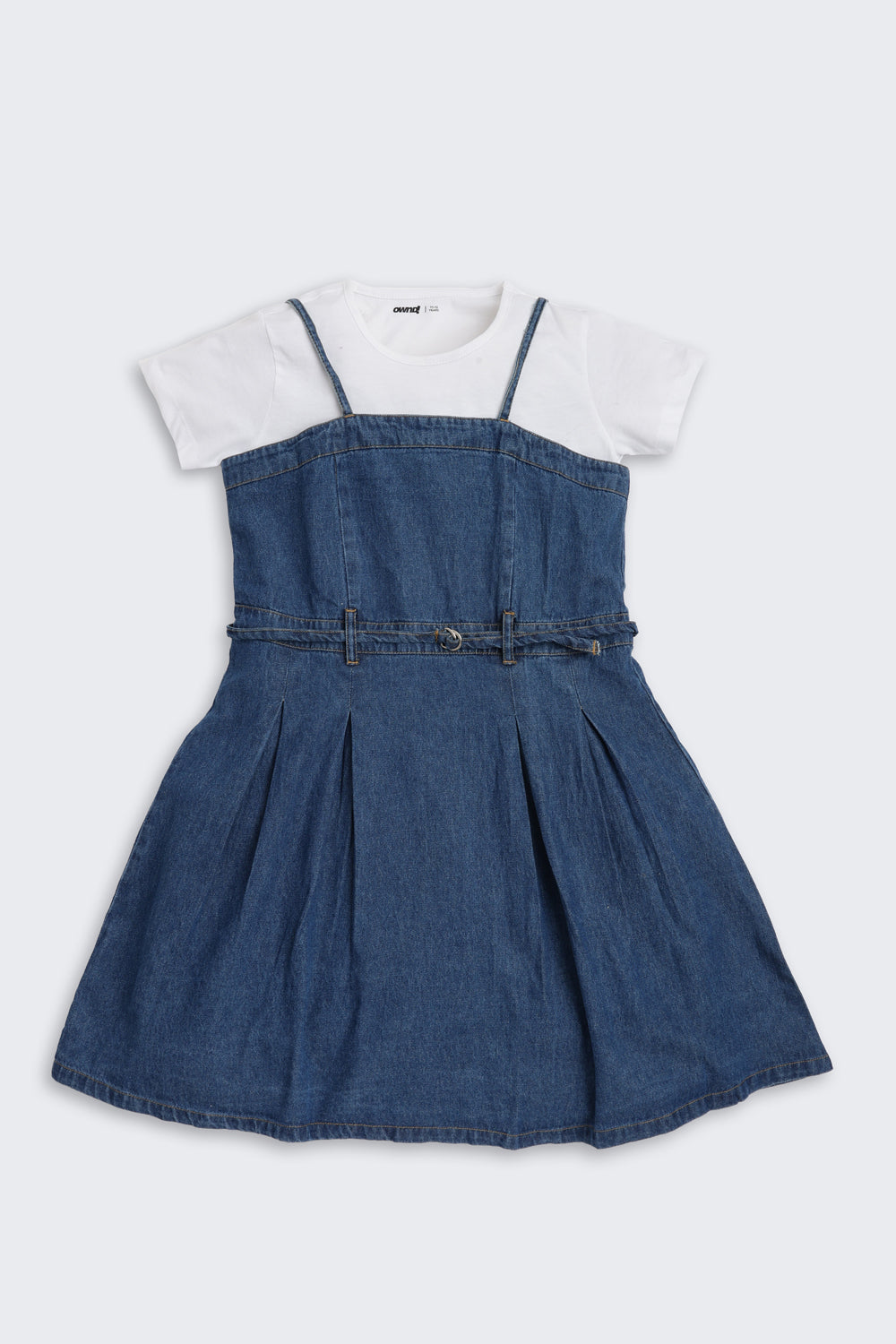 Navy Solid Regular Fit Denim Dress With T-Shirt for Tweens Girls - Image 2