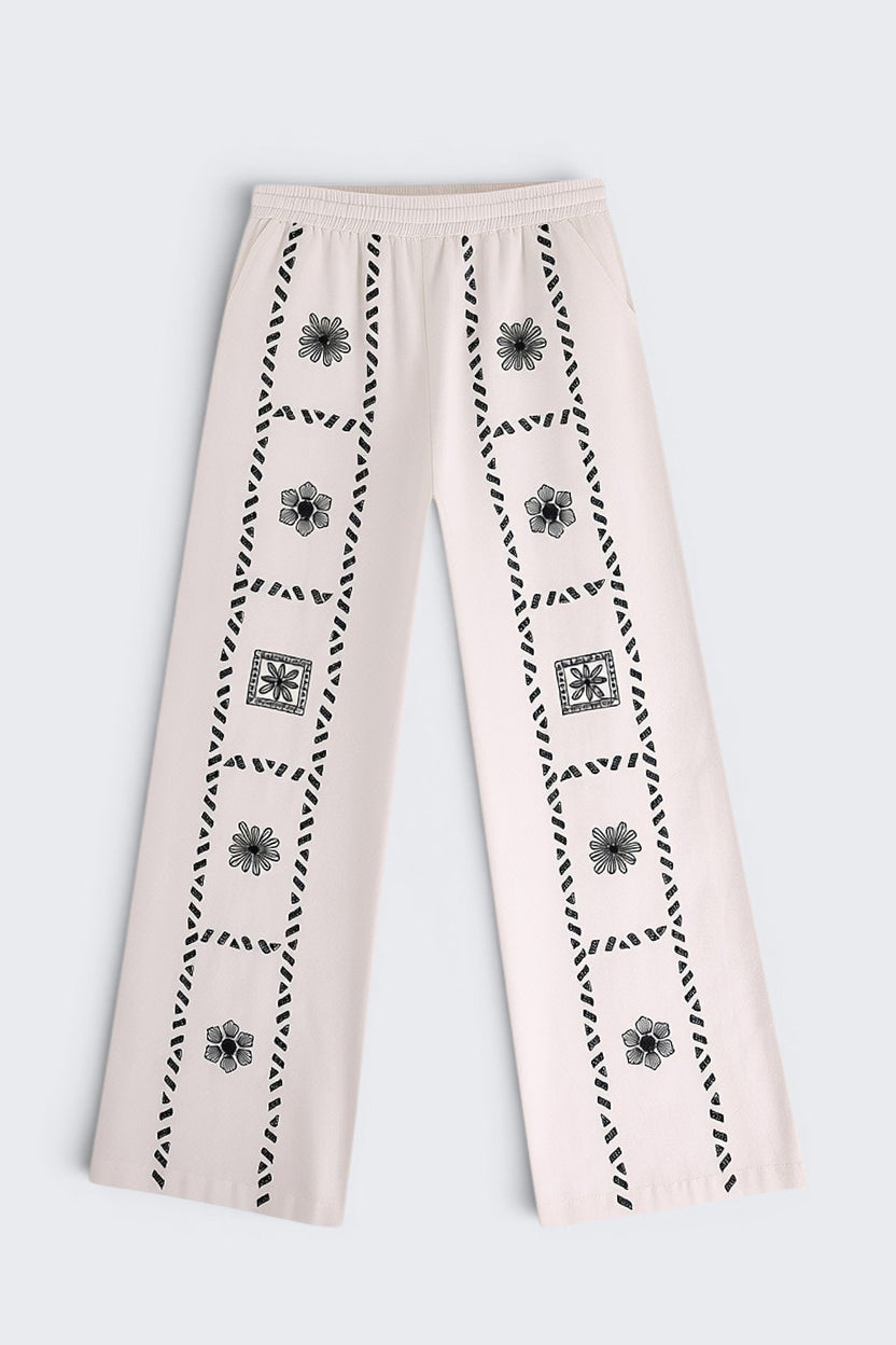 Off White Floral Regular Fit Pant - Image 2