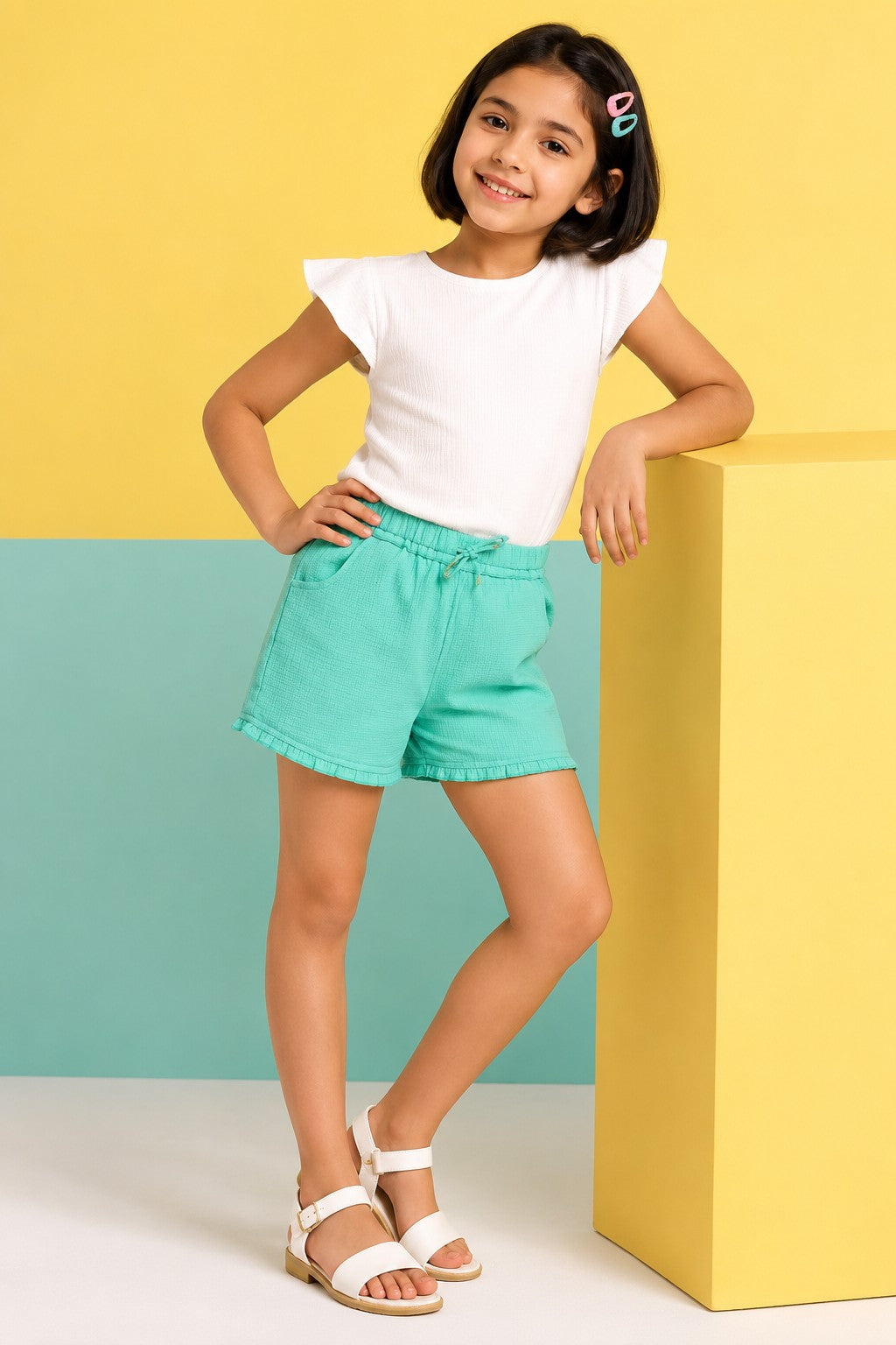 Green Solid Regular Fit Shorts for Girls - Image 1