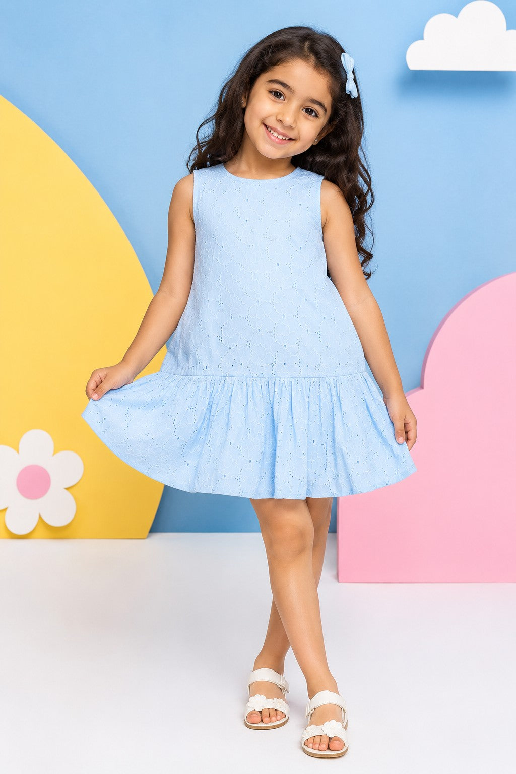Light Blue Embroidered Regular Fit Dress for Girls - Image 1