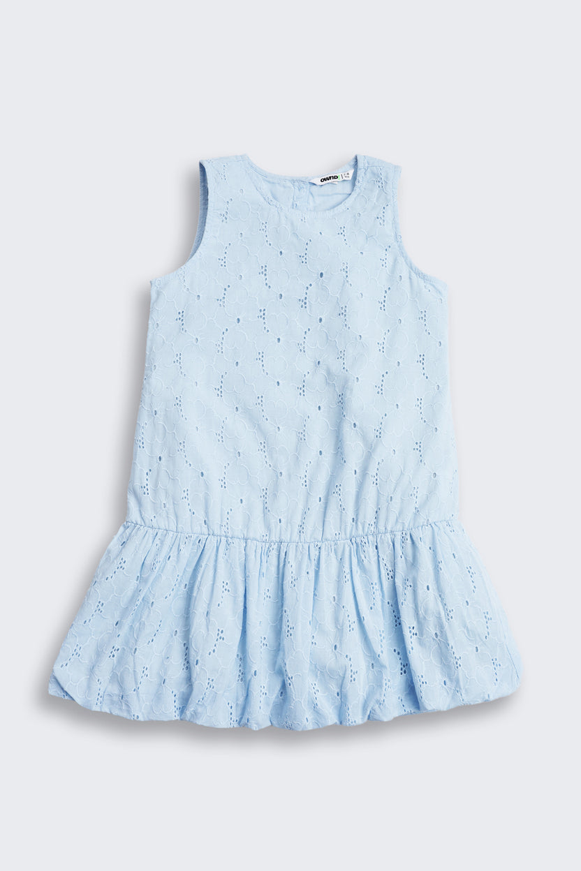 Light Blue Embroidered Regular Fit Dress for Girls - Image 2