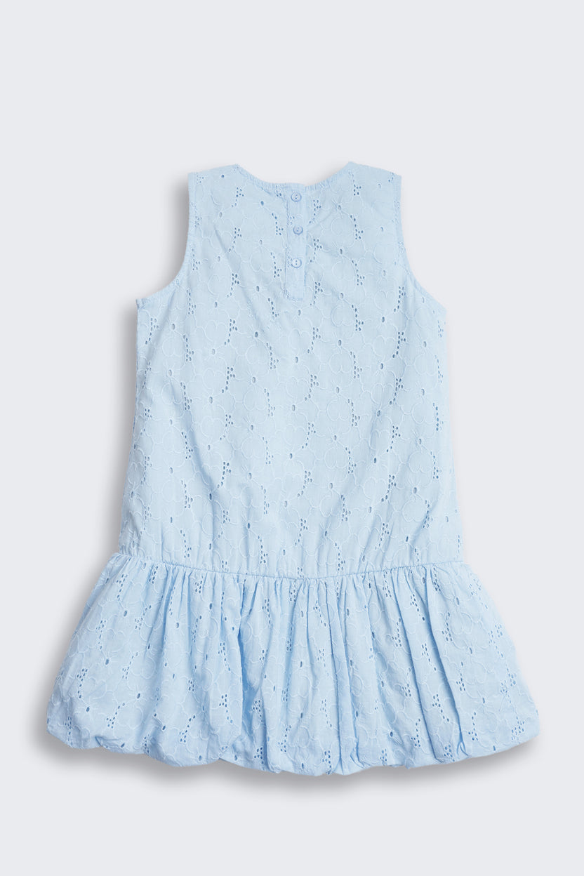 Light Blue Embroidered Regular Fit Dress for Girls - Image 3
