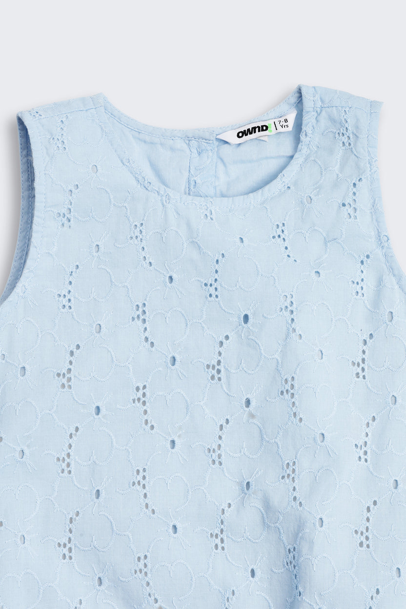 Light Blue Embroidered Regular Fit Dress for Girls - Image 4