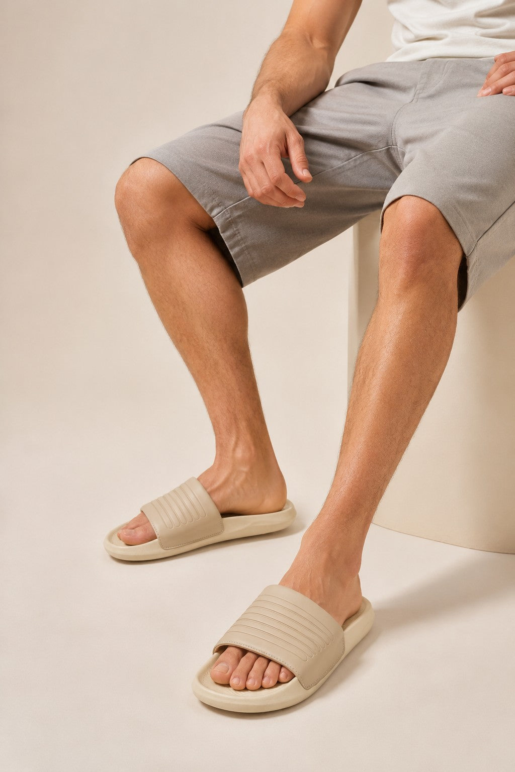 Beige Solid Pool Slides for Men - Image 1