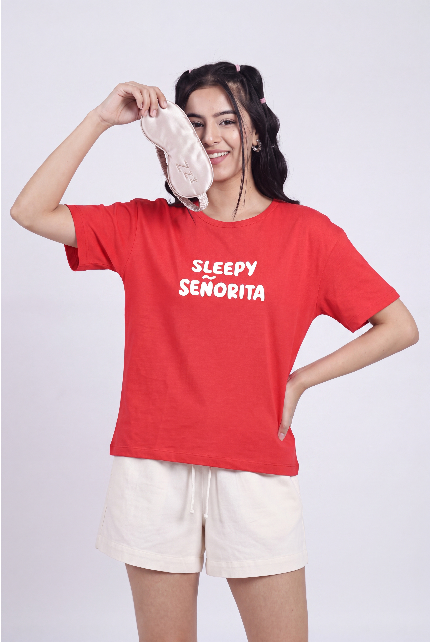 Red Typographic Printed Regular Fit T-Shirt for Women - Image 1