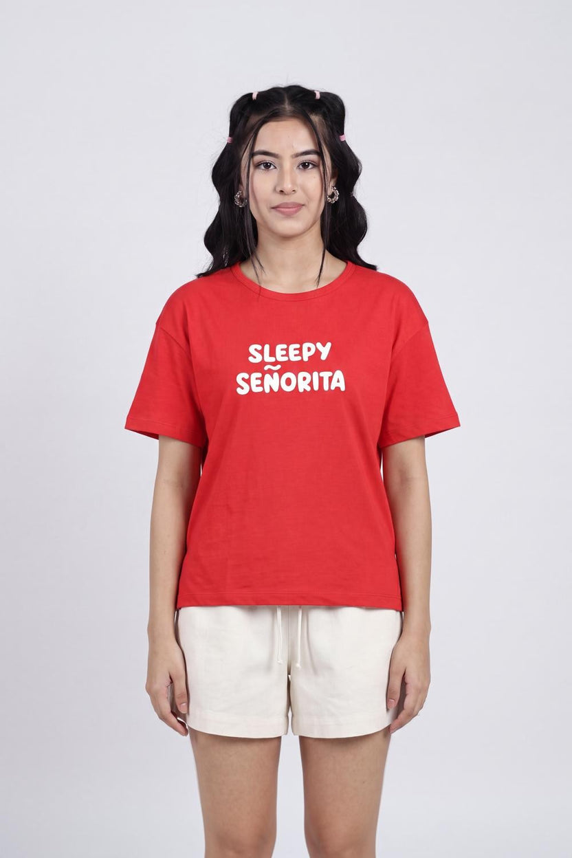 Red Typographic Printed Regular Fit T-Shirt for Women - Image 2