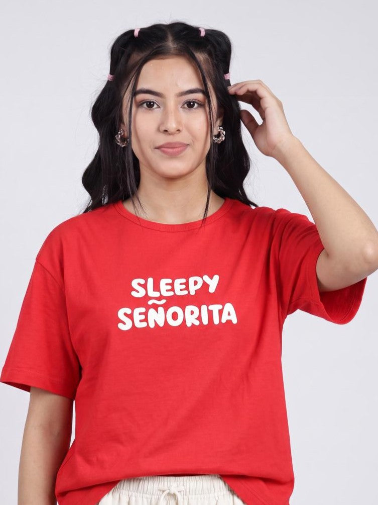 Red Typographic Printed Regular Fit T-Shirt for Women - Image 7