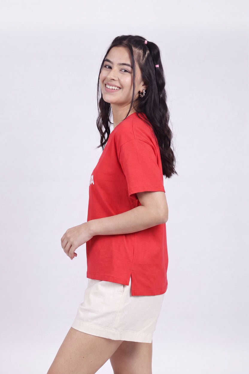 Red Typographic Printed Regular Fit T-Shirt for Women - Image 4