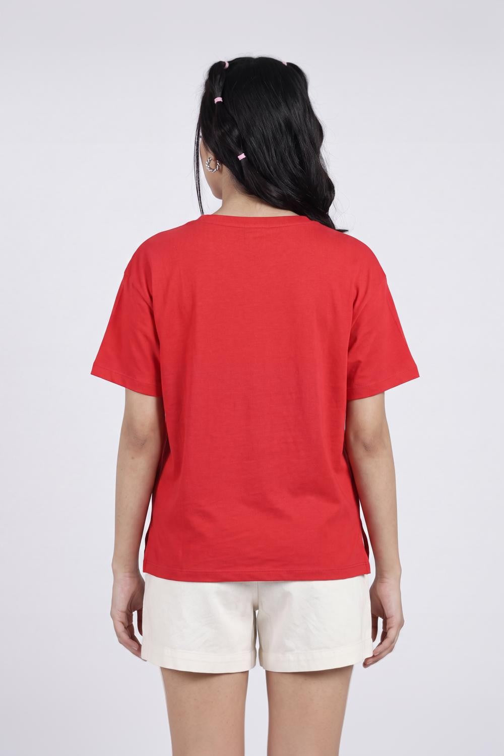 Red Typographic Printed Regular Fit T-Shirt for Women - Image 5