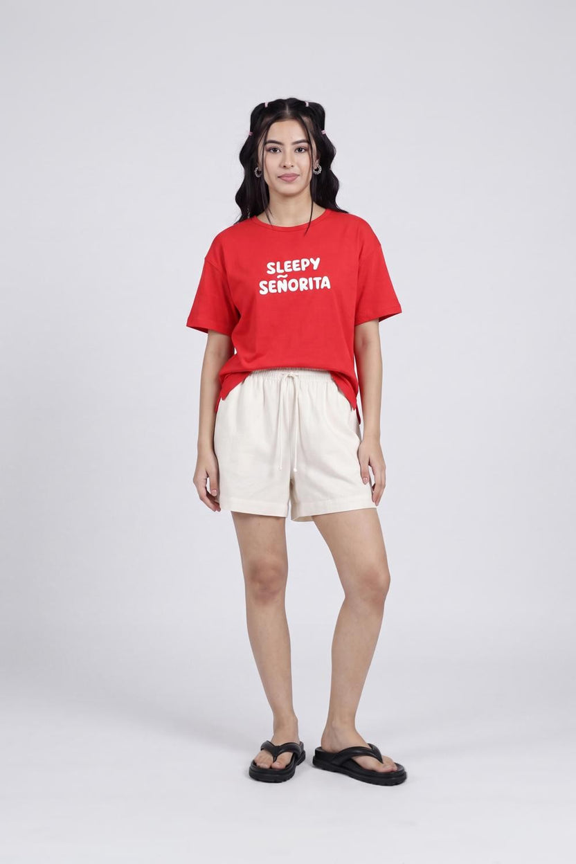 Red Typographic Printed Regular Fit T-Shirt for Women - Image 6