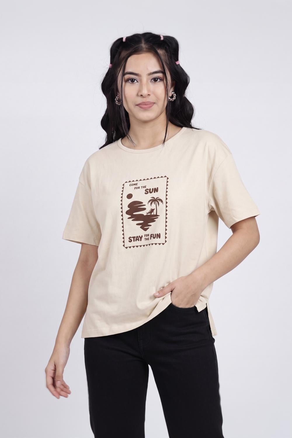 Beige Graphic Regular Fit T-Shirt for Women - Image 1