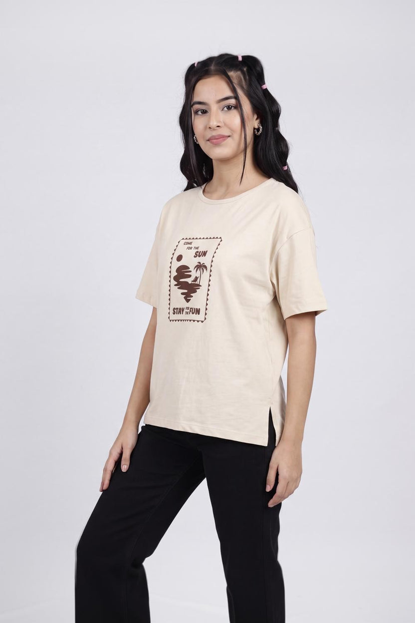 Beige Graphic Regular Fit T-Shirt for Women - Image 3