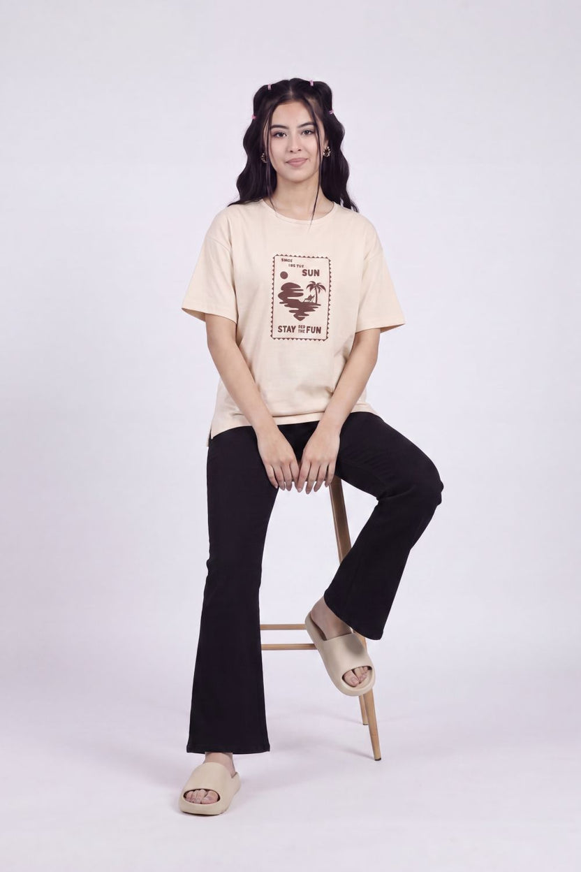 Beige Graphic Regular Fit T-Shirt for Women - Image 5