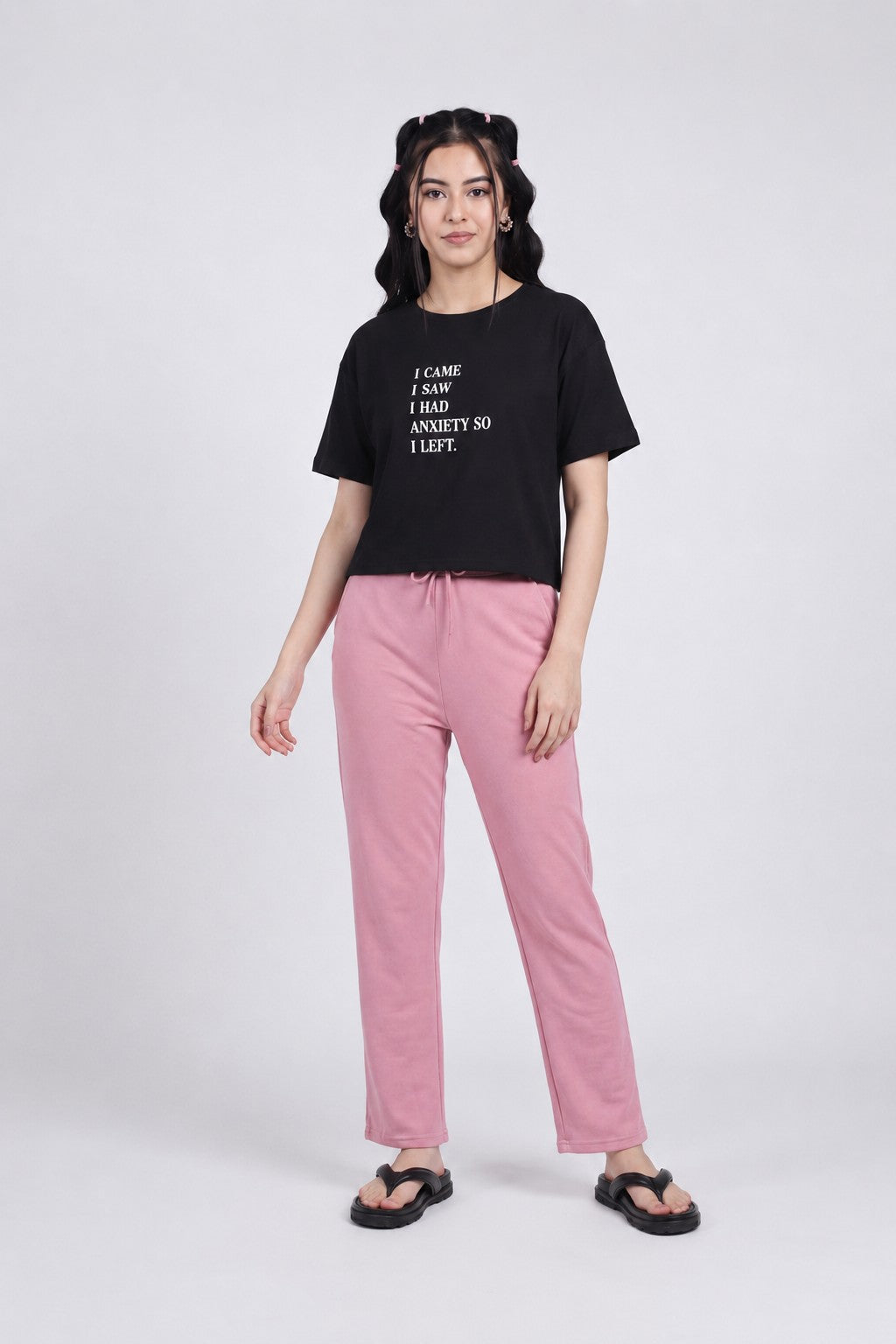 Black Typographic Printed Regular Fit T-Shirt for Women - Image 6