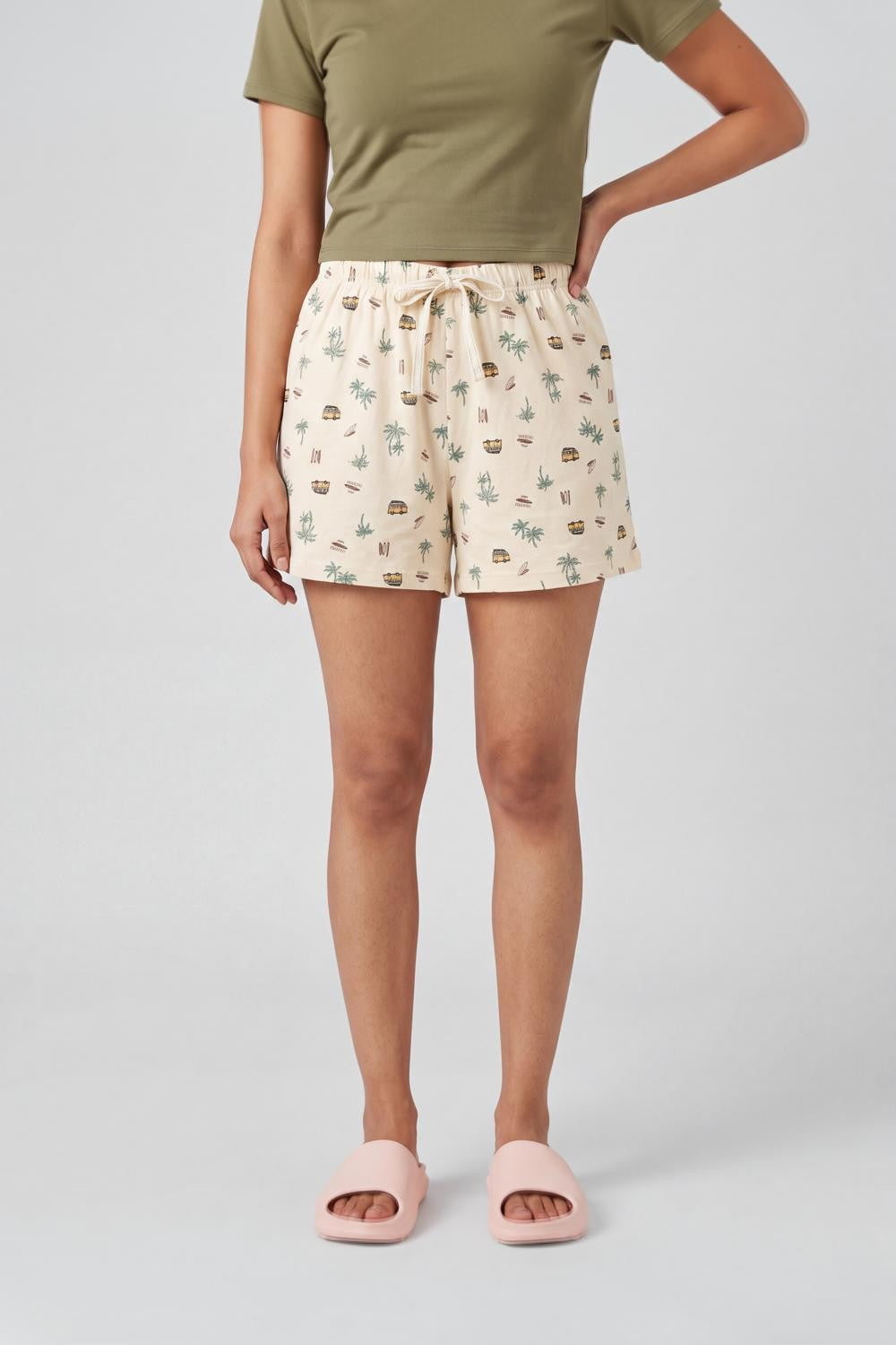 Beige Tropical Print Regular Fit Shorts With 2 Pocket for Women - Image 2