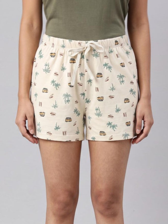Beige Tropical Print Regular Fit Shorts With 2 Pocket for Women - Image 7