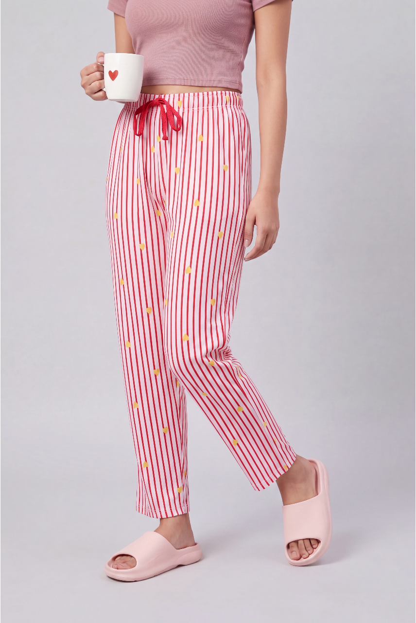 Red Heart Printed Straight Fit Pyjama With 2 Pocket for Women - Image 1