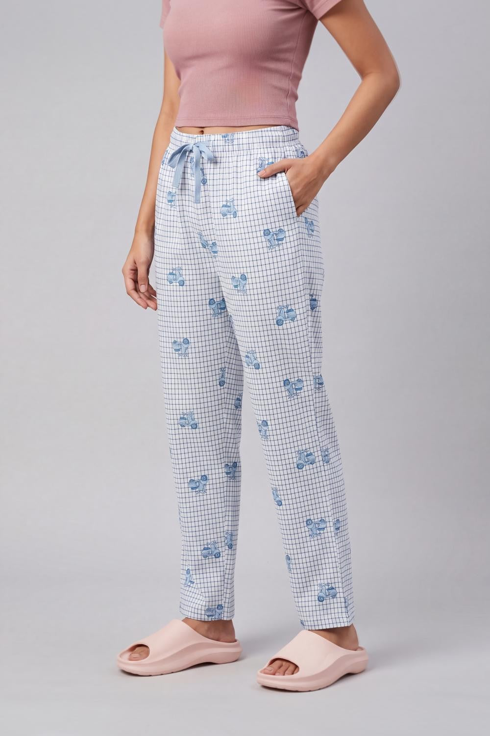 Blue Checked Straight Fit Pyjama With 2 Pocket for Women - Image 4