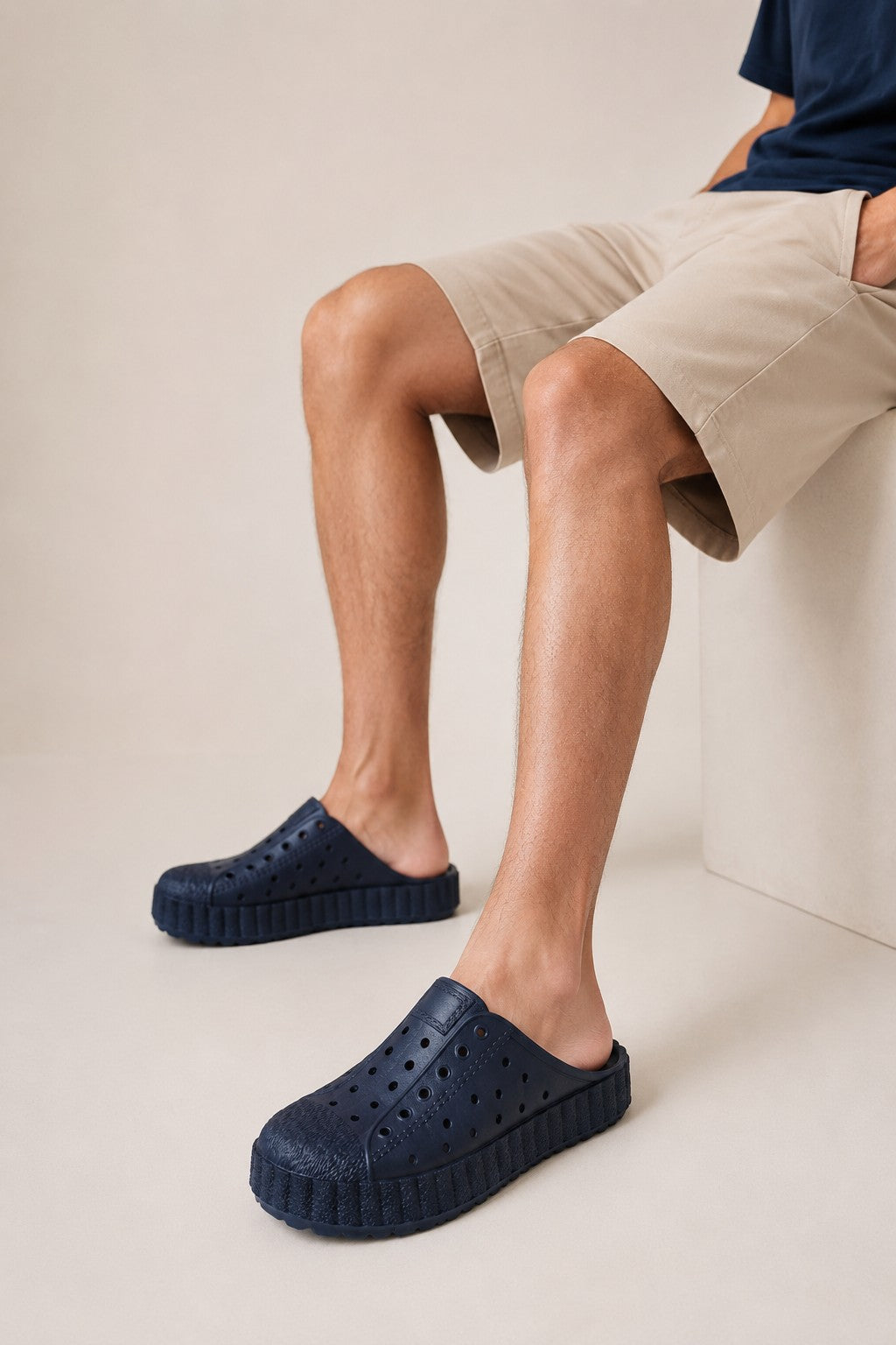 Navy Solid Pool Slides for Men - Image 1