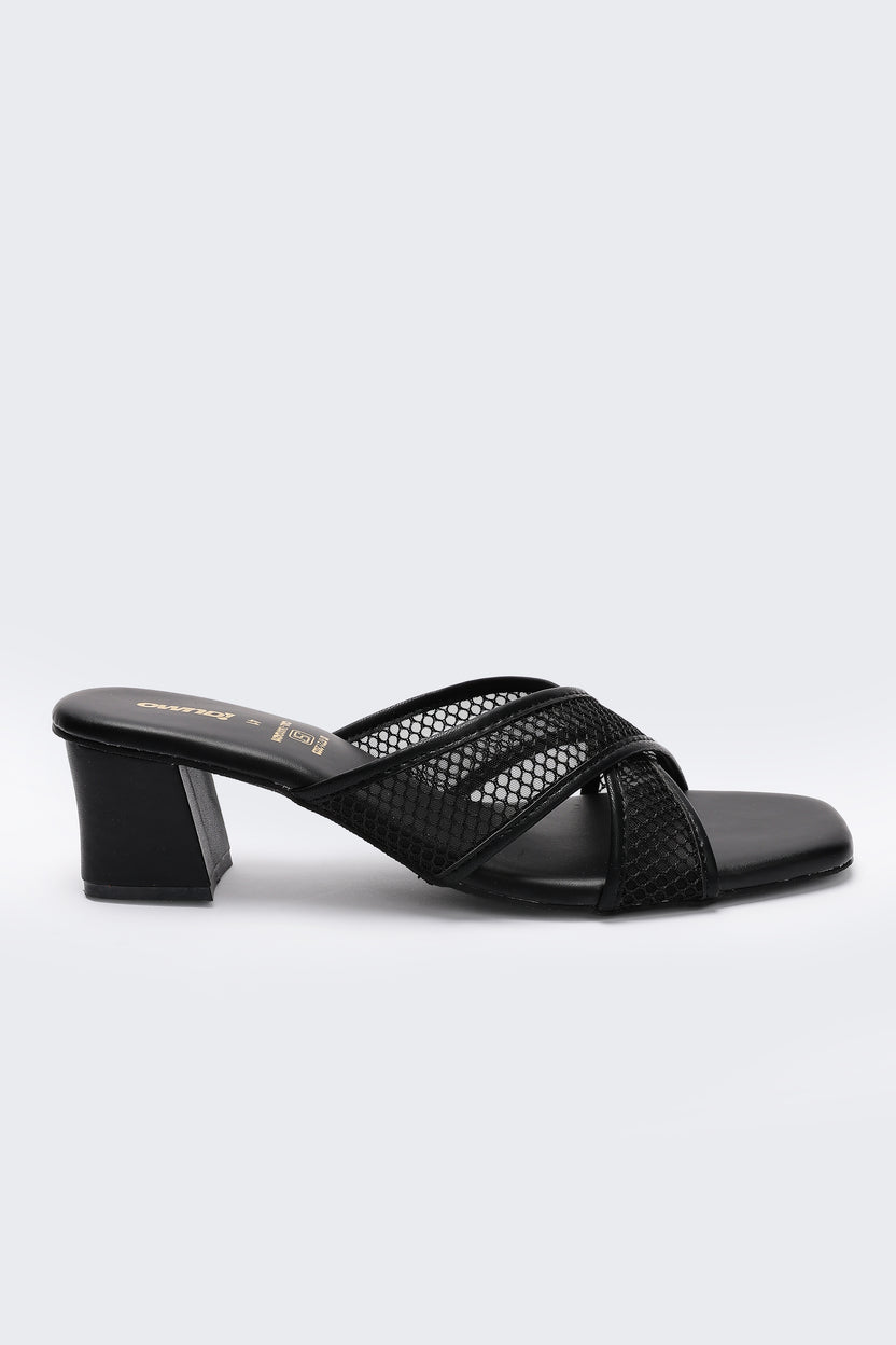 Black Cross Strap Block Heels for Women - Image 2