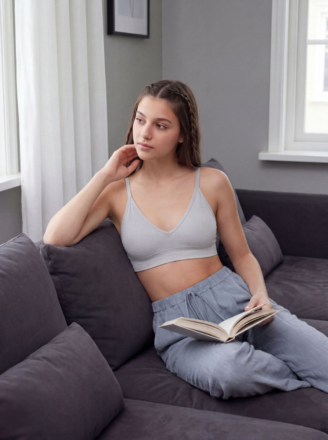 Light Grey Textured Regular Fit Bra for Women - Image 1