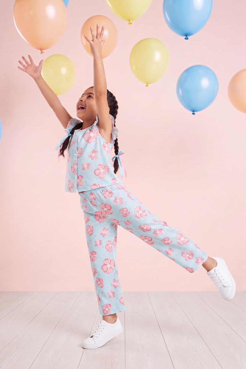 Blue Floral Printed Regular Fit Co-ord Set for Girls - Image 1