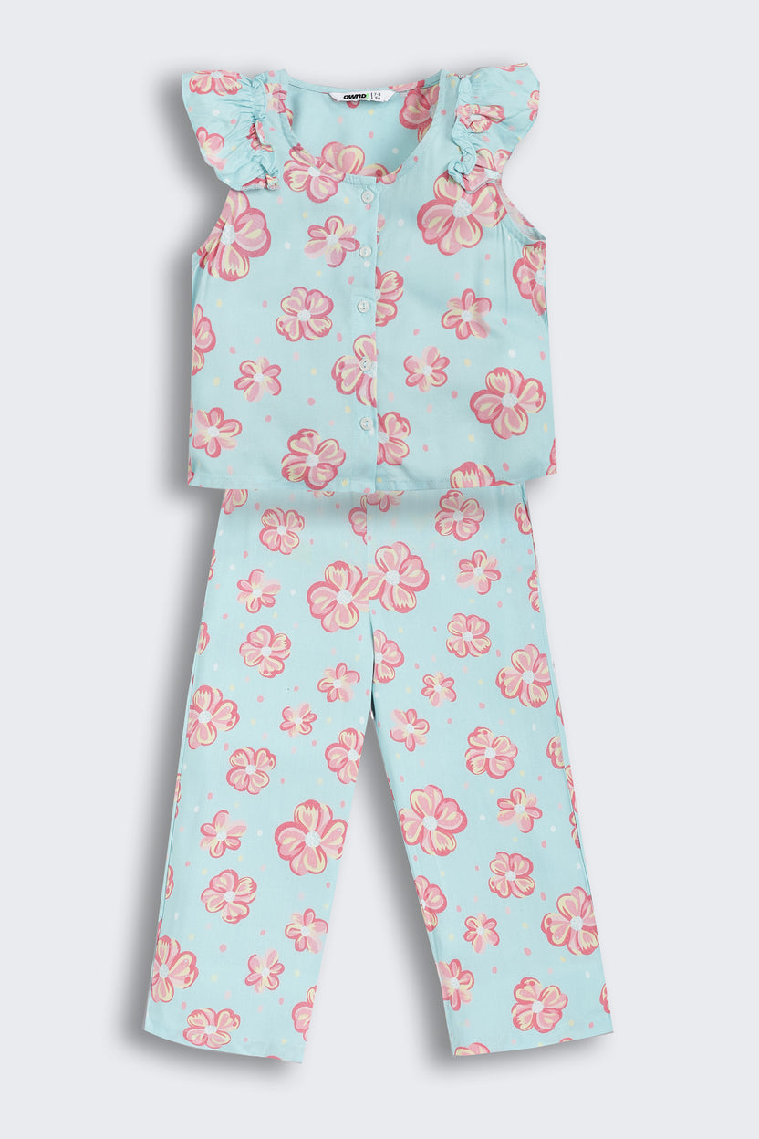 Blue Floral Printed Regular Fit Co-ord Set for Girls - Image 2
