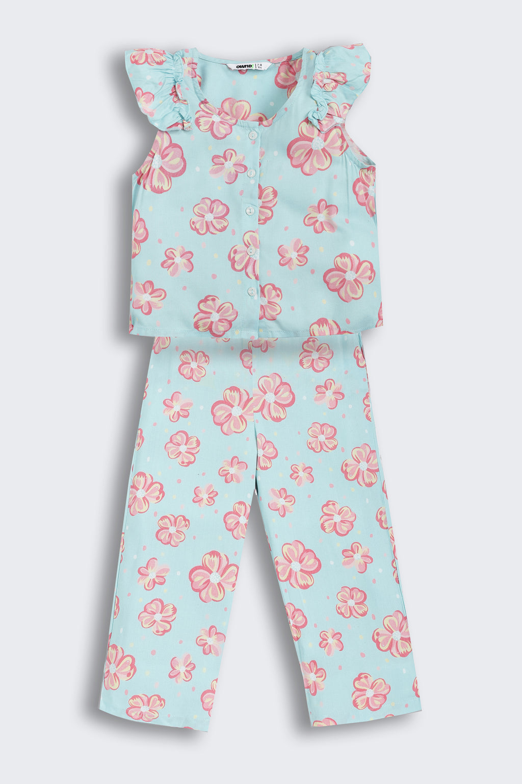 Blue Floral Printed Regular Fit Co-ord Set for Girls - Image 2