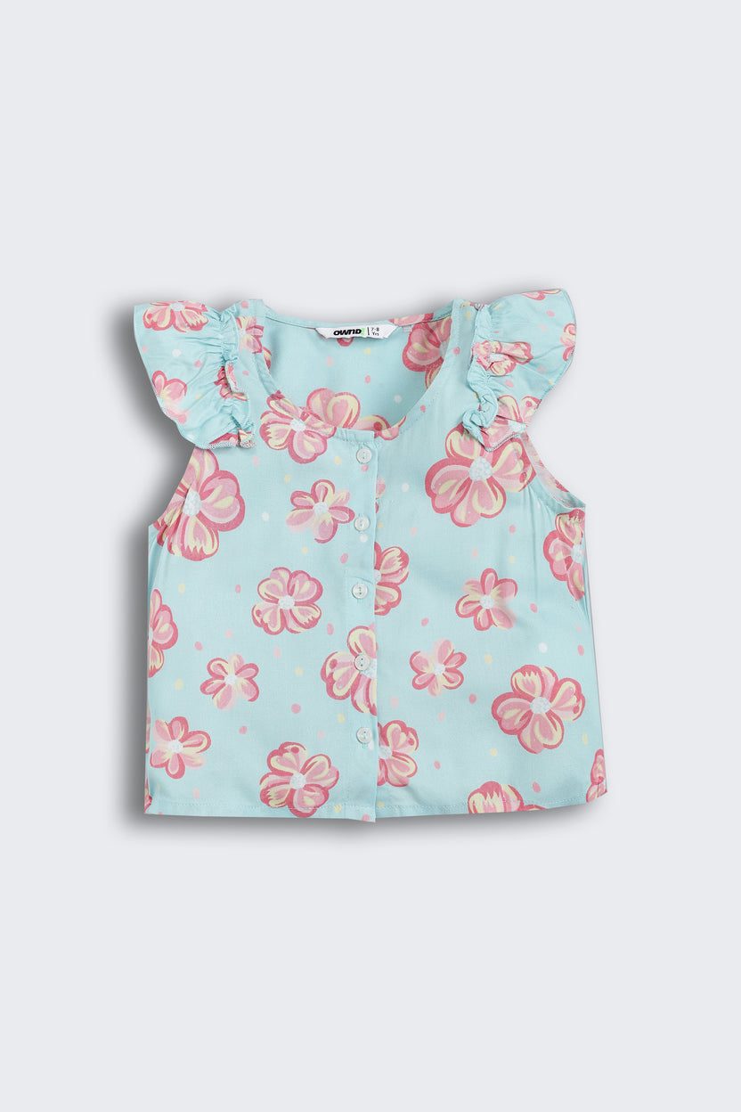 Blue Floral Printed Regular Fit Co-ord Set for Girls - Image 3
