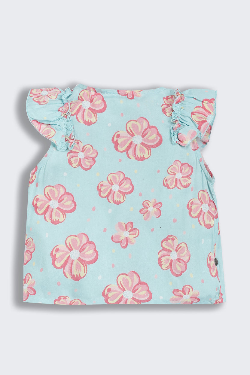 Blue Floral Printed Regular Fit Co-ord Set for Girls - Image 4