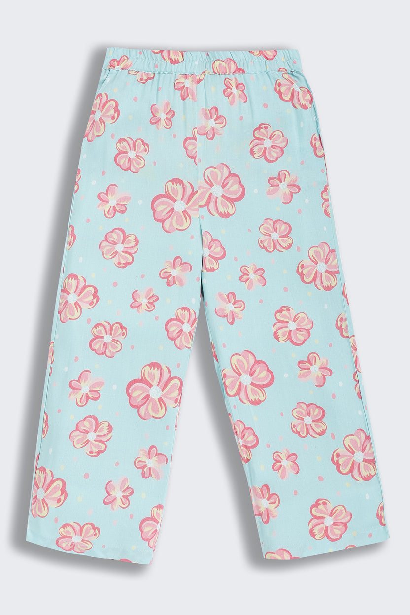 Blue Floral Printed Regular Fit Co-ord Set for Girls - Image 5