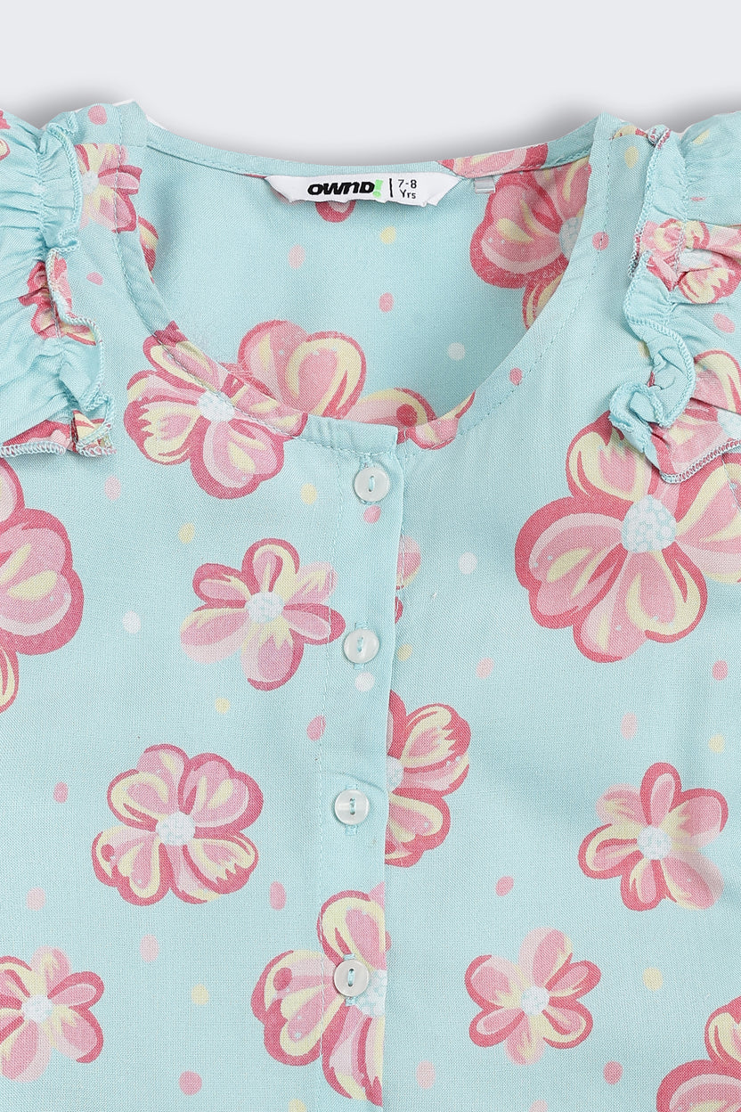 Blue Floral Printed Regular Fit Co-ord Set for Girls - Image 6