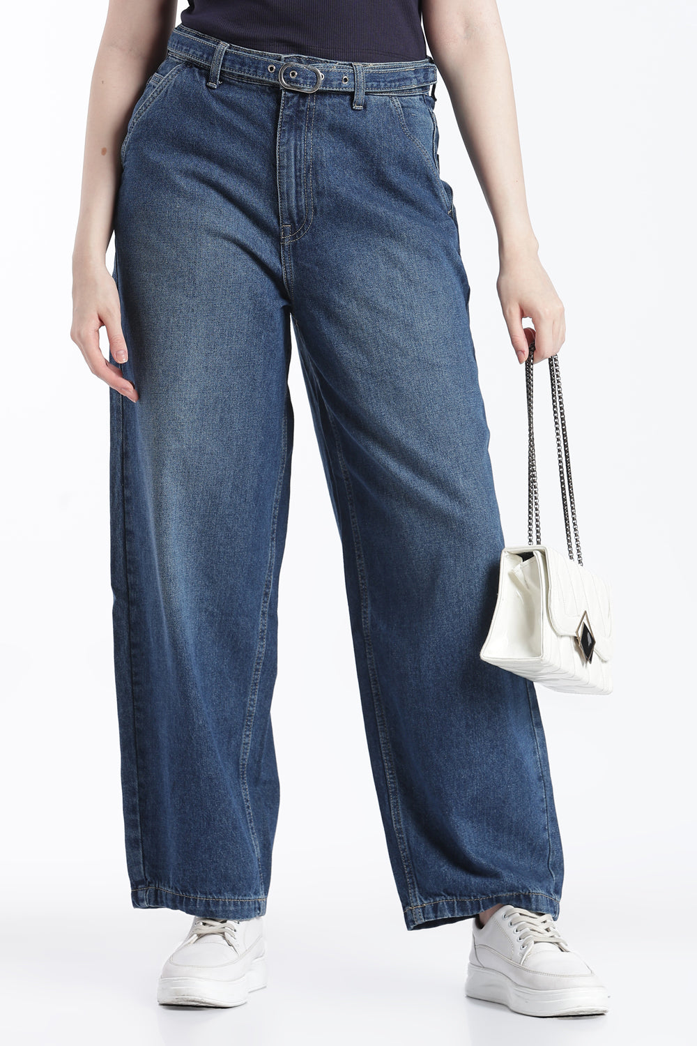 Navy Wide Leg Fit Jeans With 4 Pocket For Women - Image 1