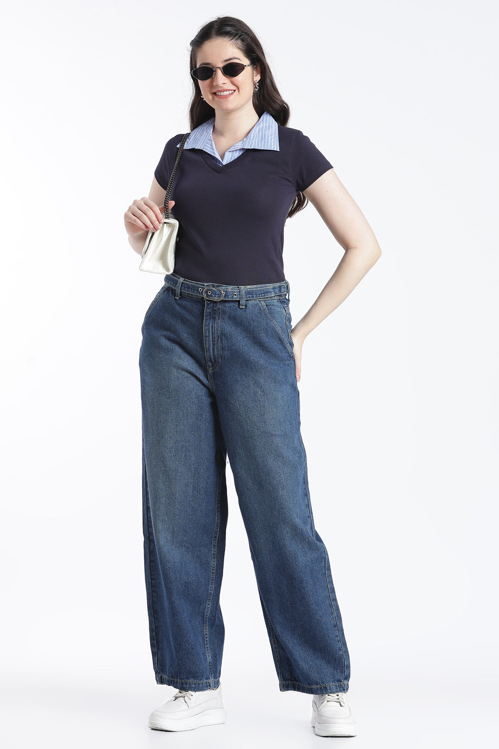 Navy Wide Leg Fit Jeans With 4 Pocket For Women - Image 6