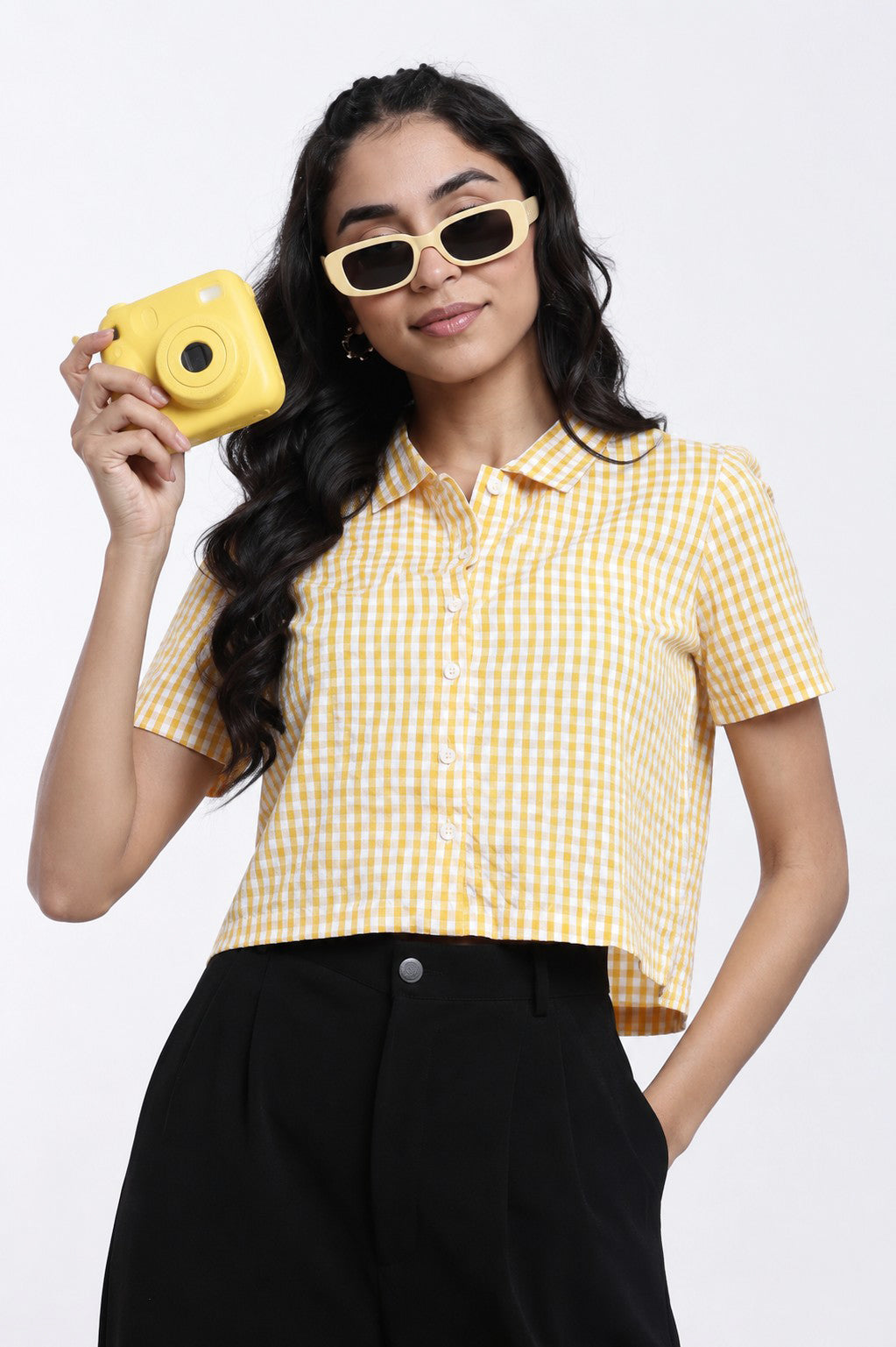 Yellow Checkered Regular Fit Crop Shirt for Women - Image 1