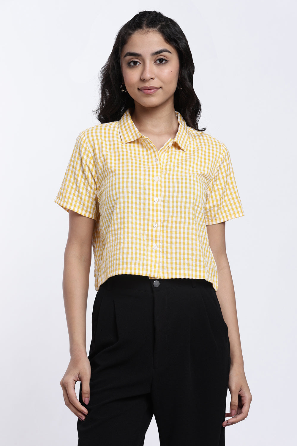 Yellow Checkered Regular Fit Crop Shirt for Women - Image 2