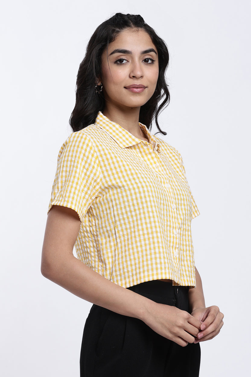Yellow Checkered Regular Fit Crop Shirt for Women - Image 4