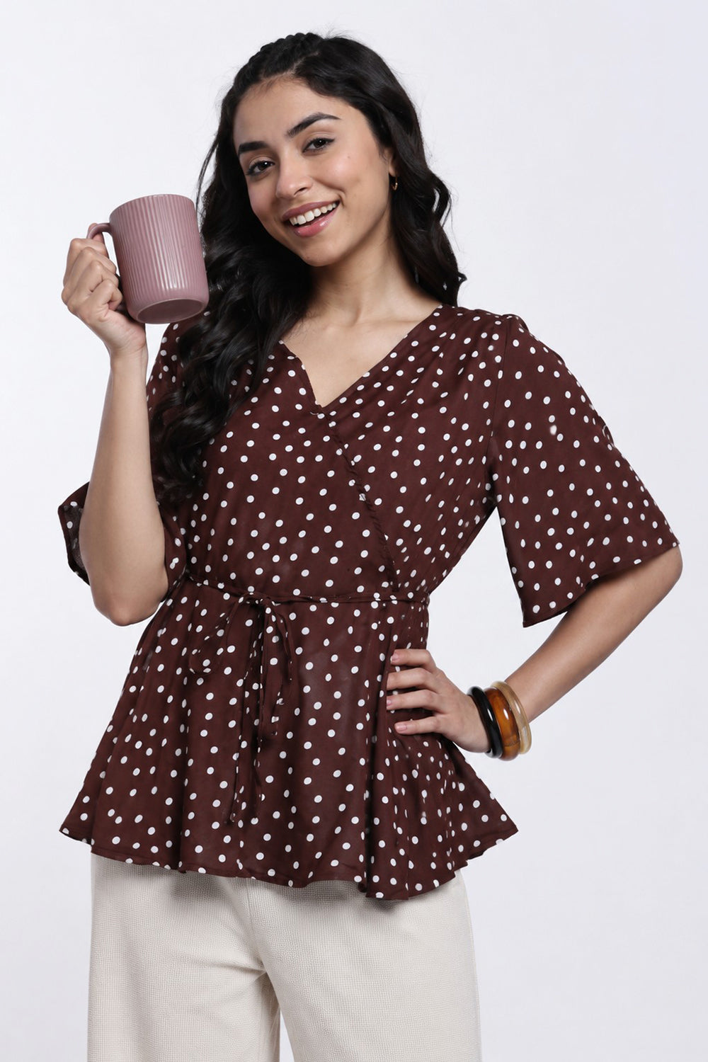 Brown Polka Dotted Regular Fit Top for Women - Image 1