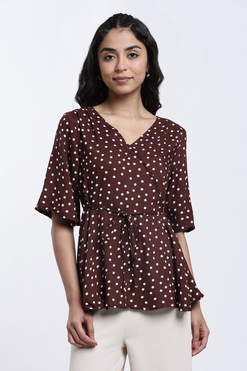 Brown Polka Dotted Regular Fit Top for Women - Image 2
