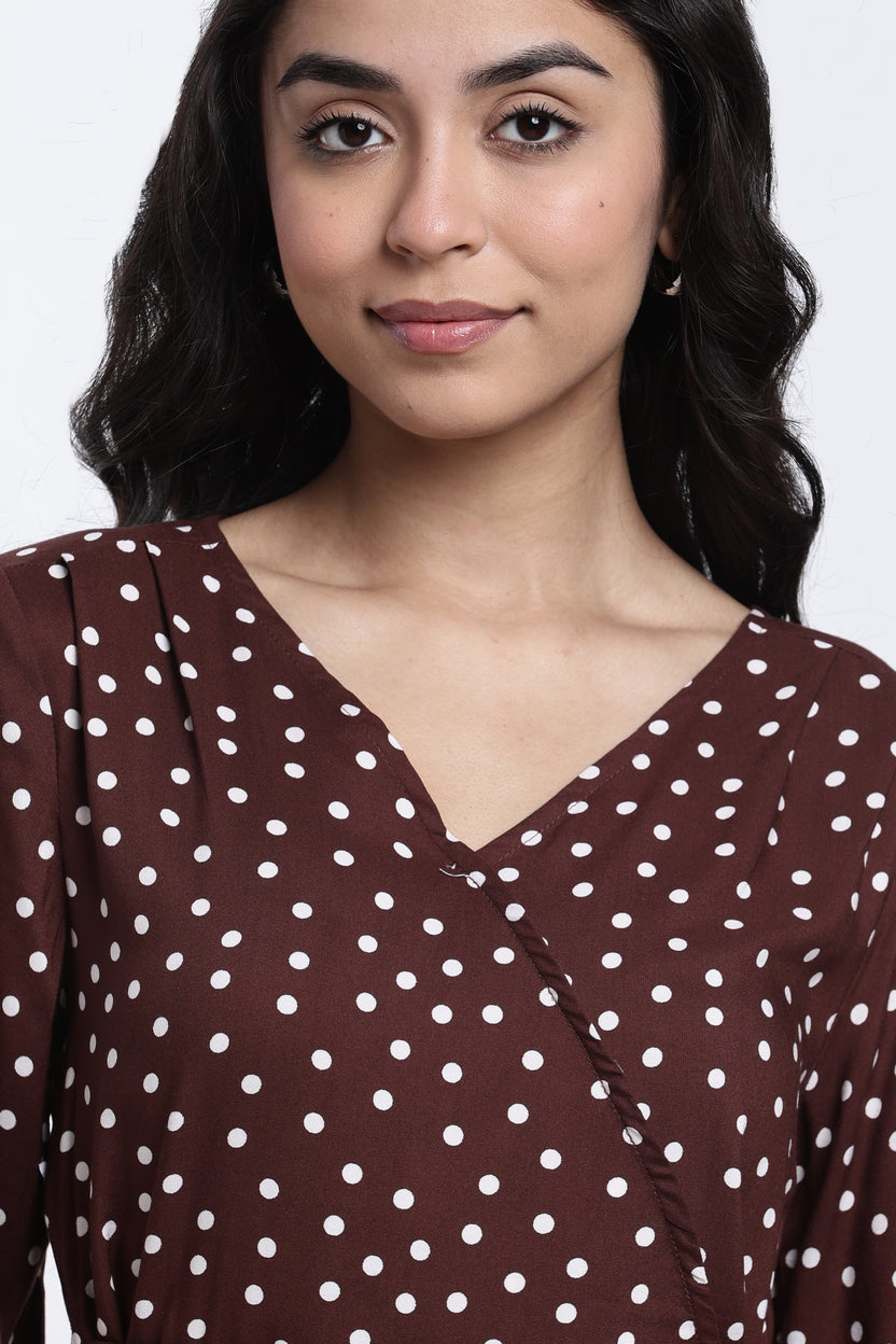 Brown Polka Dotted Regular Fit Top for Women - Image 3