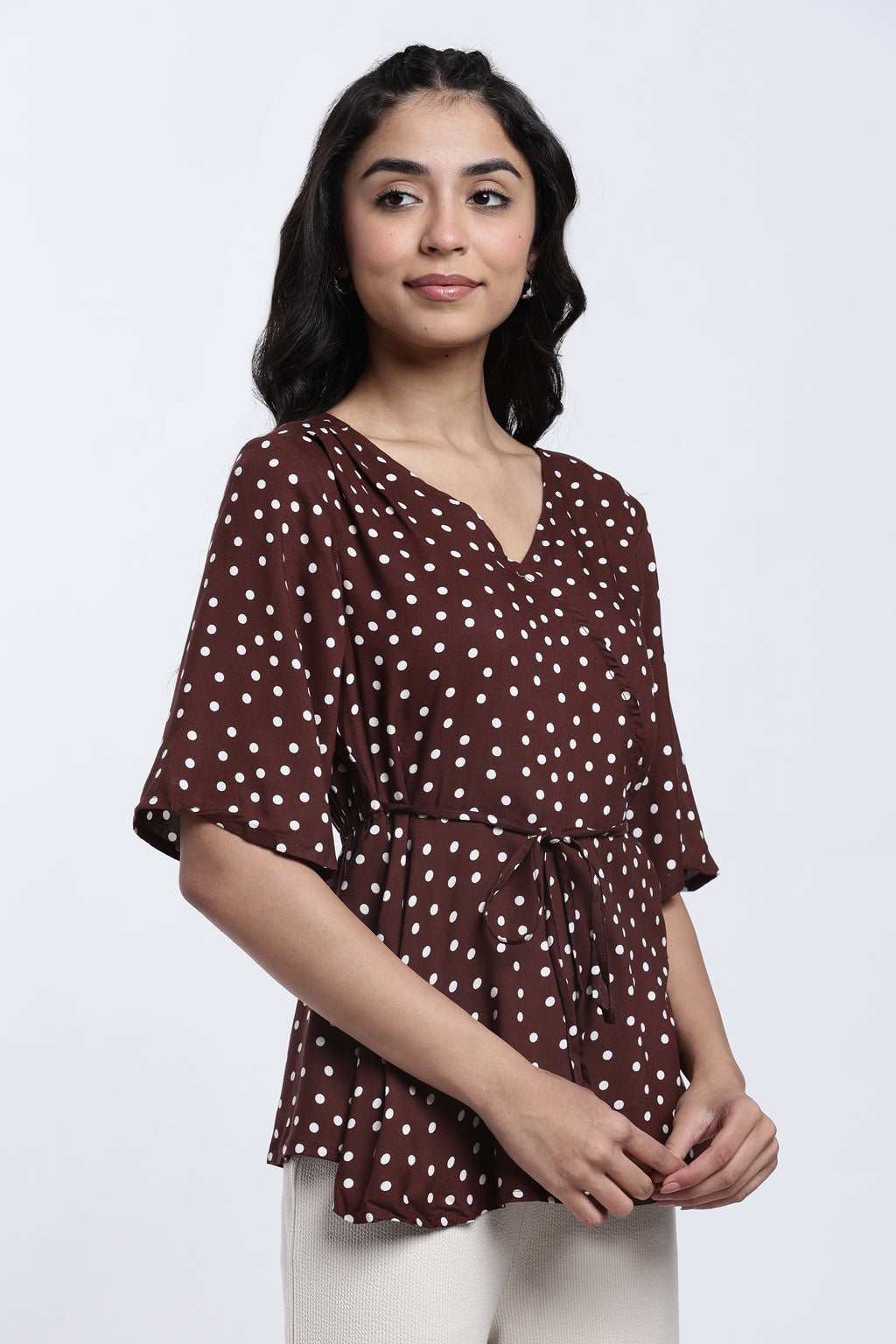 Brown Polka Dotted Regular Fit Top for Women - Image 4