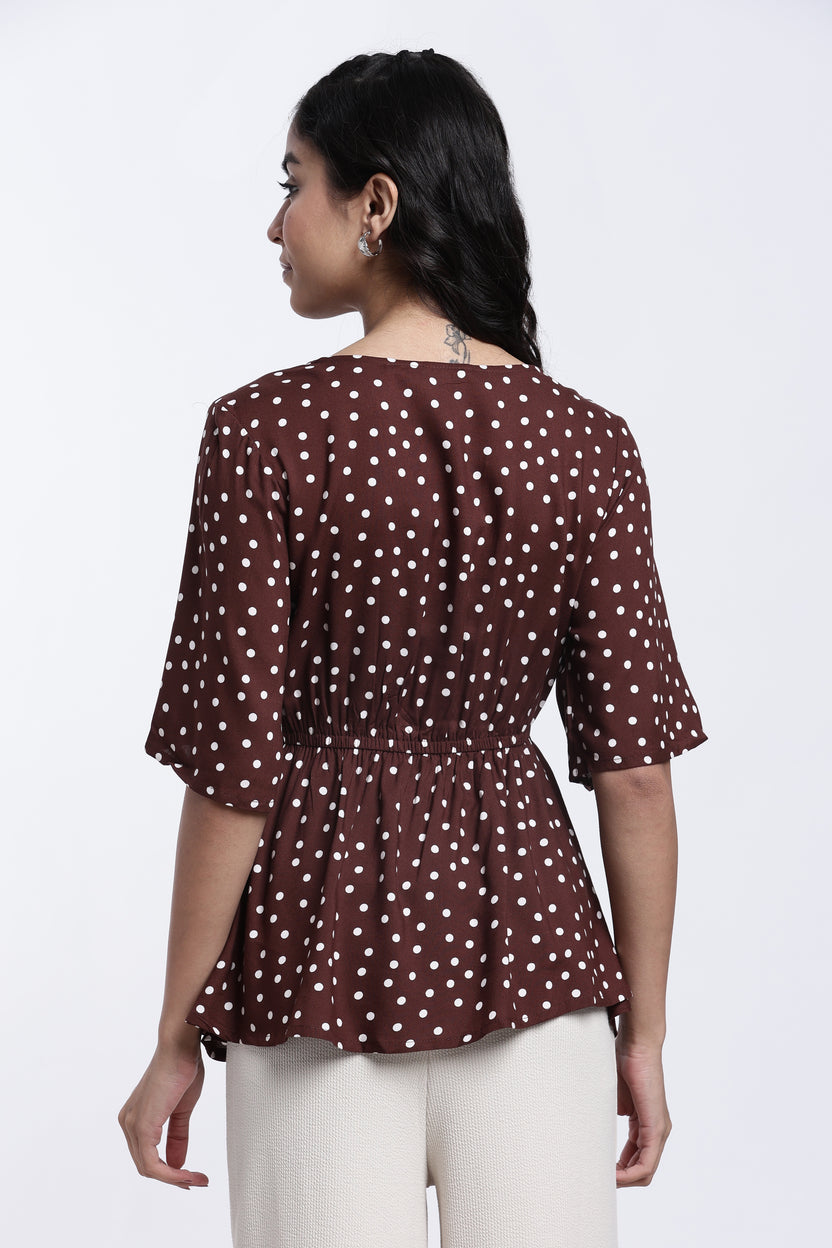Brown Polka Dotted Regular Fit Top for Women - Image 5